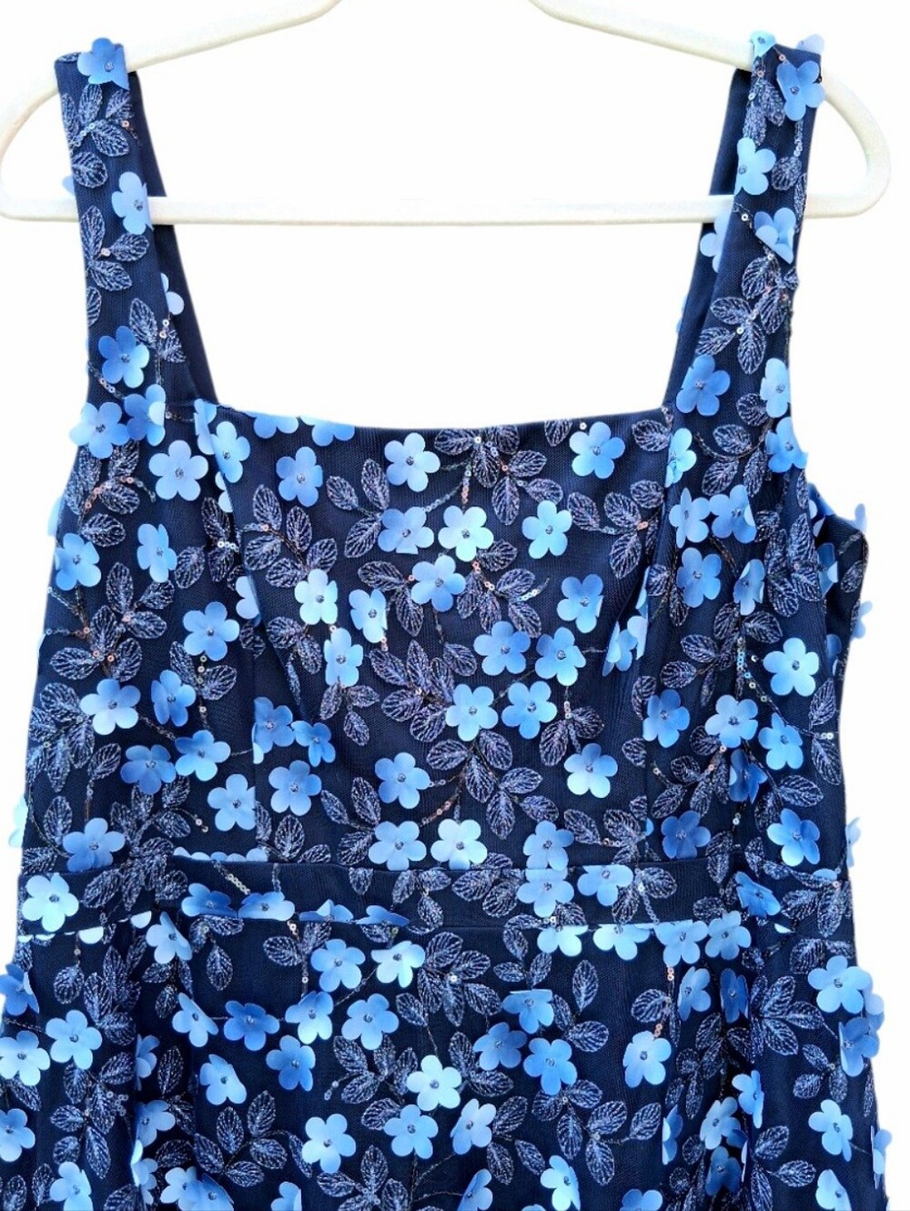 Xscape Blue 3D Floral Applique Square-Neck Fit & Flare Midi Dress Size 16 - Picture 5 of 11